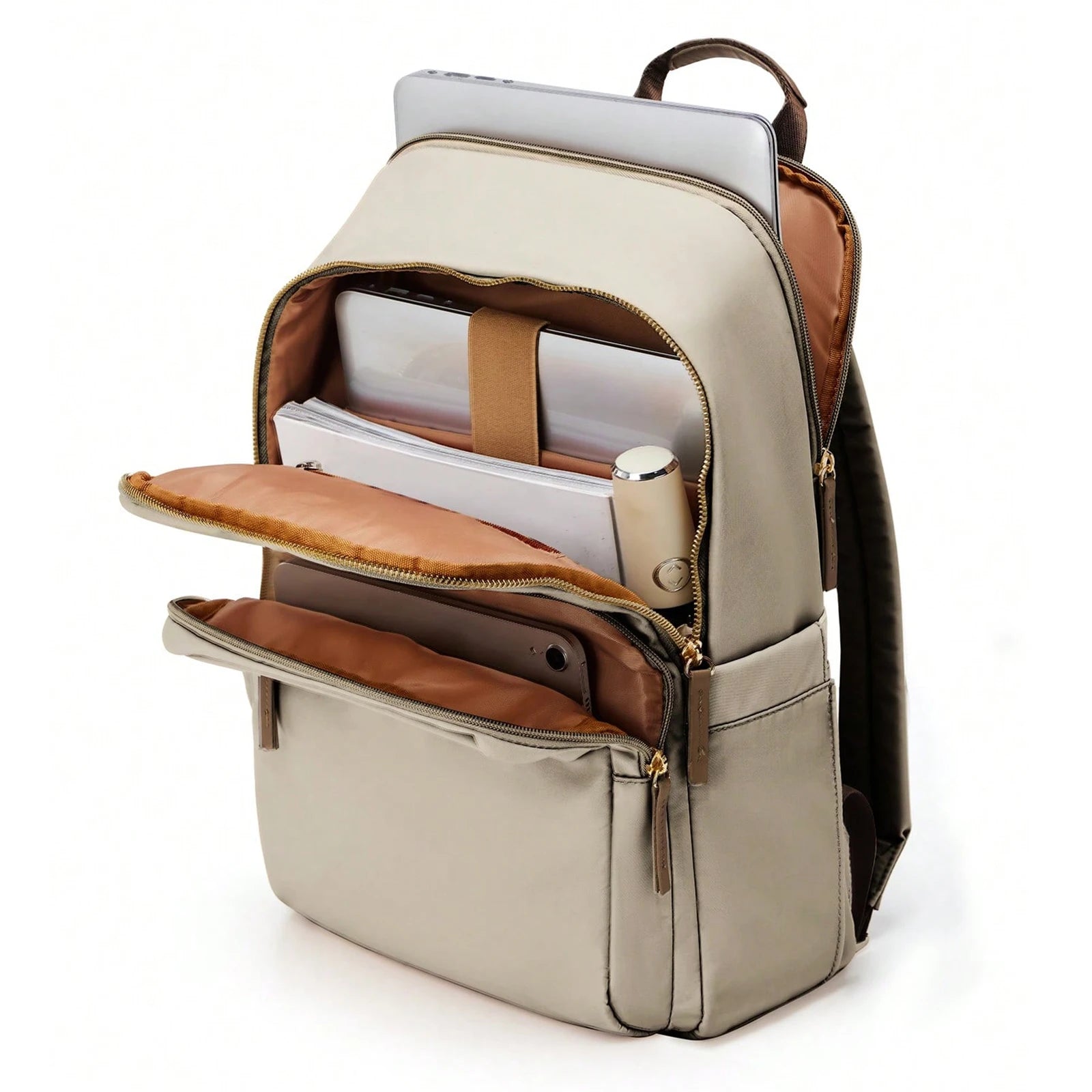 Beige backpack with brown accents open on a white background