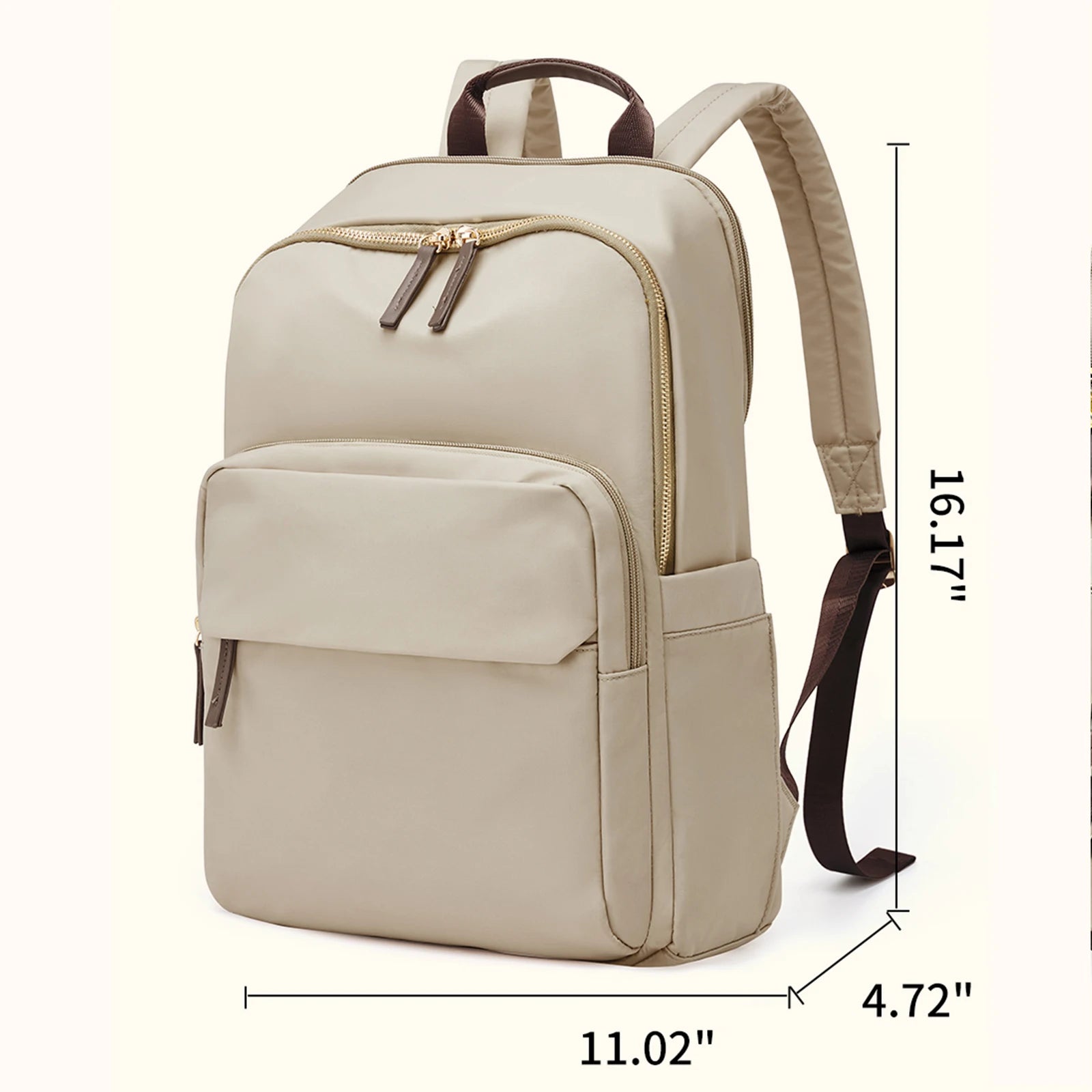 Beige backpack with dimensions indicated on a white background