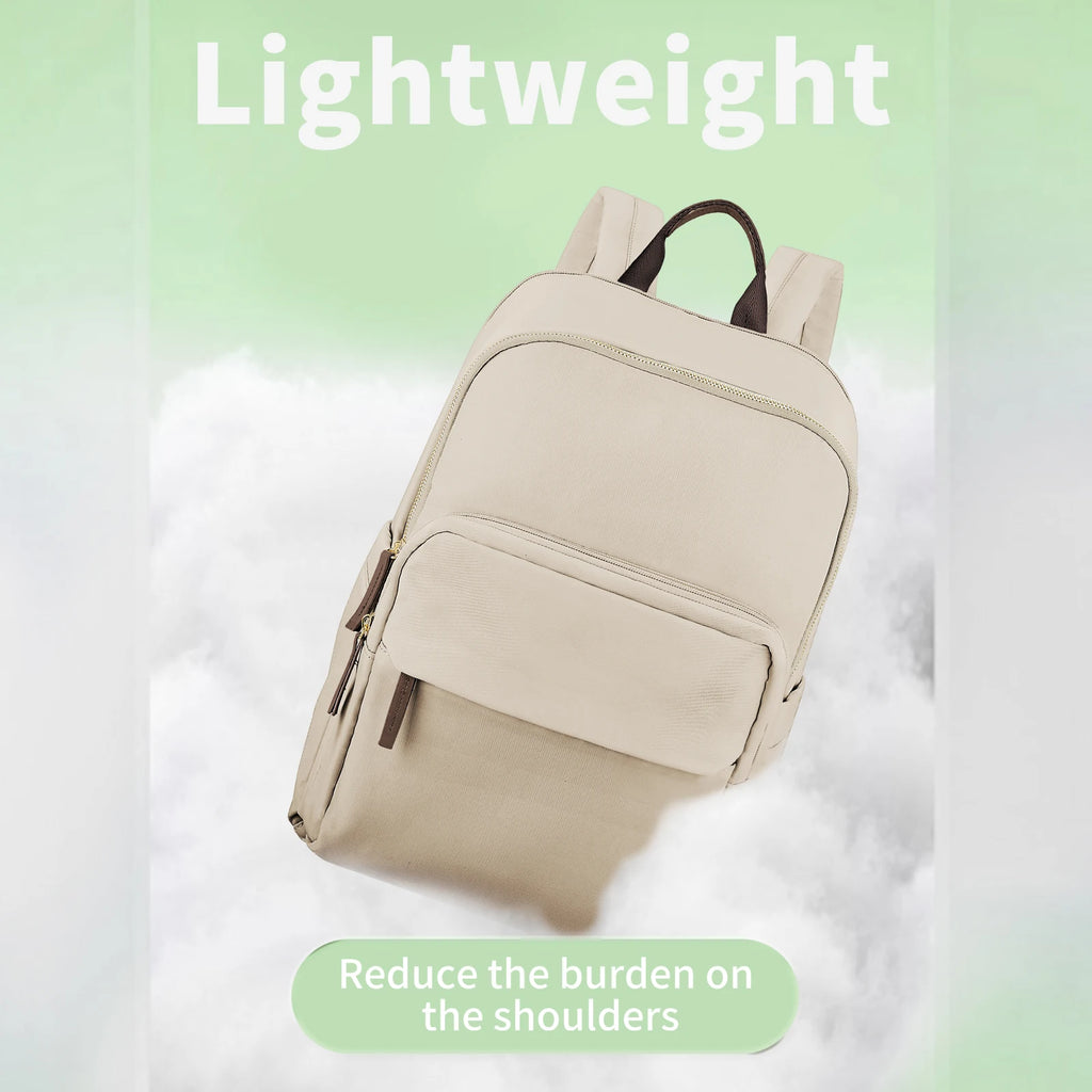 Beige backpack on a white background with 'Lightweight' text