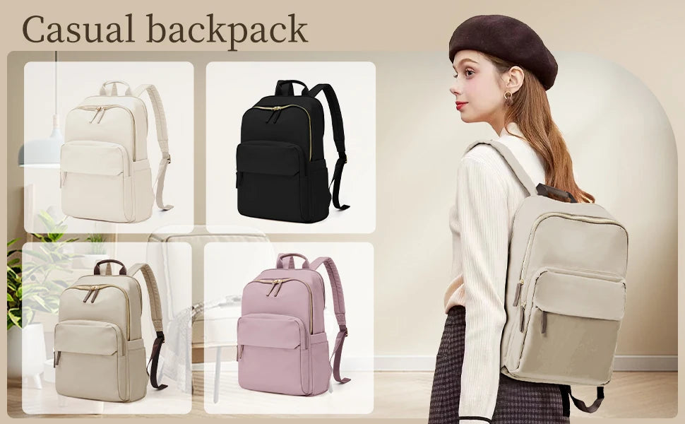 Collage of casual backpacks with a woman wearing a beige backpack.