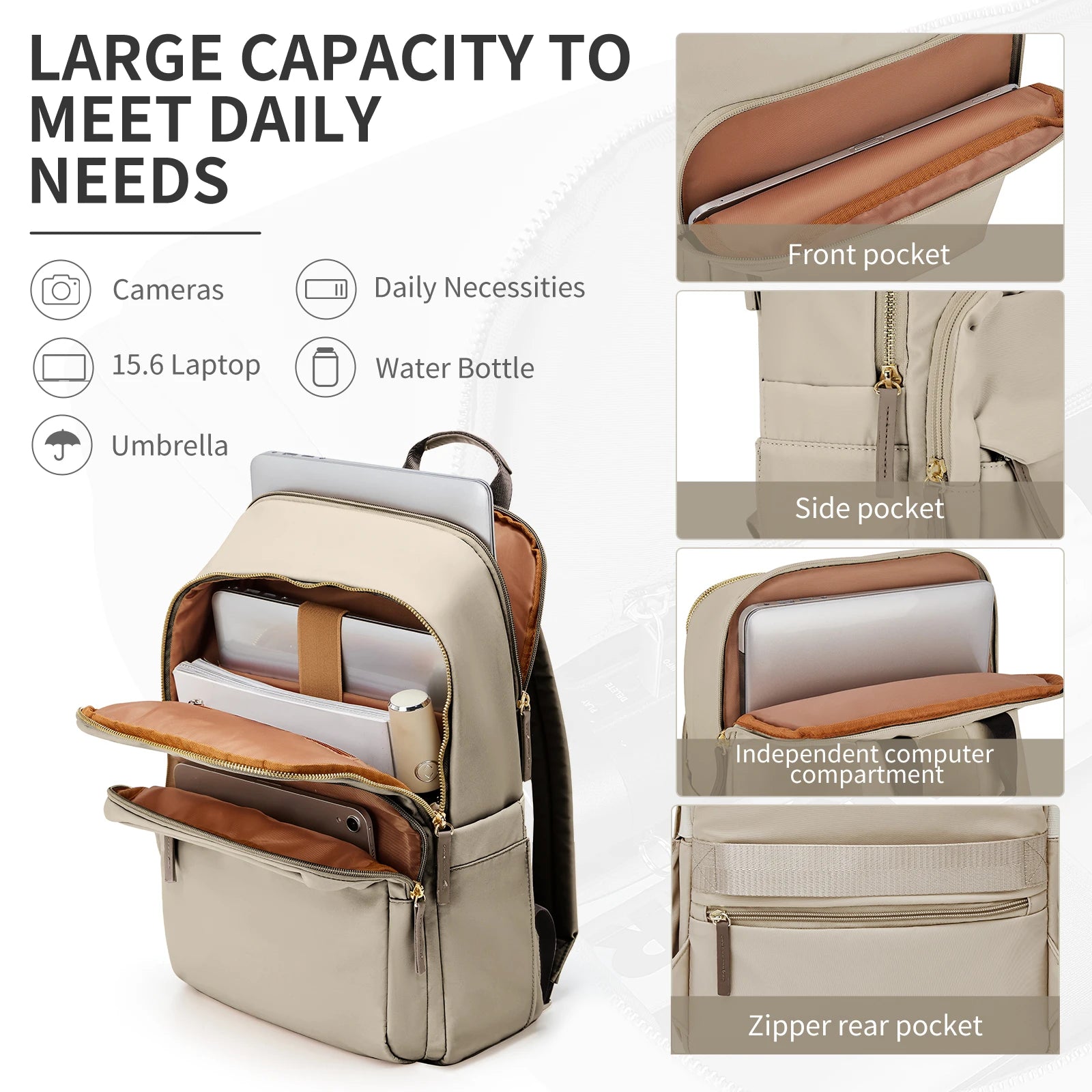 Multifunctional backpack with various compartments and features on a white background