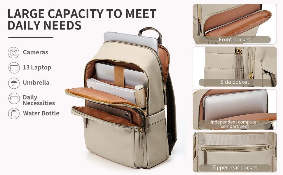 Backpack with multiple compartments and features on a white background