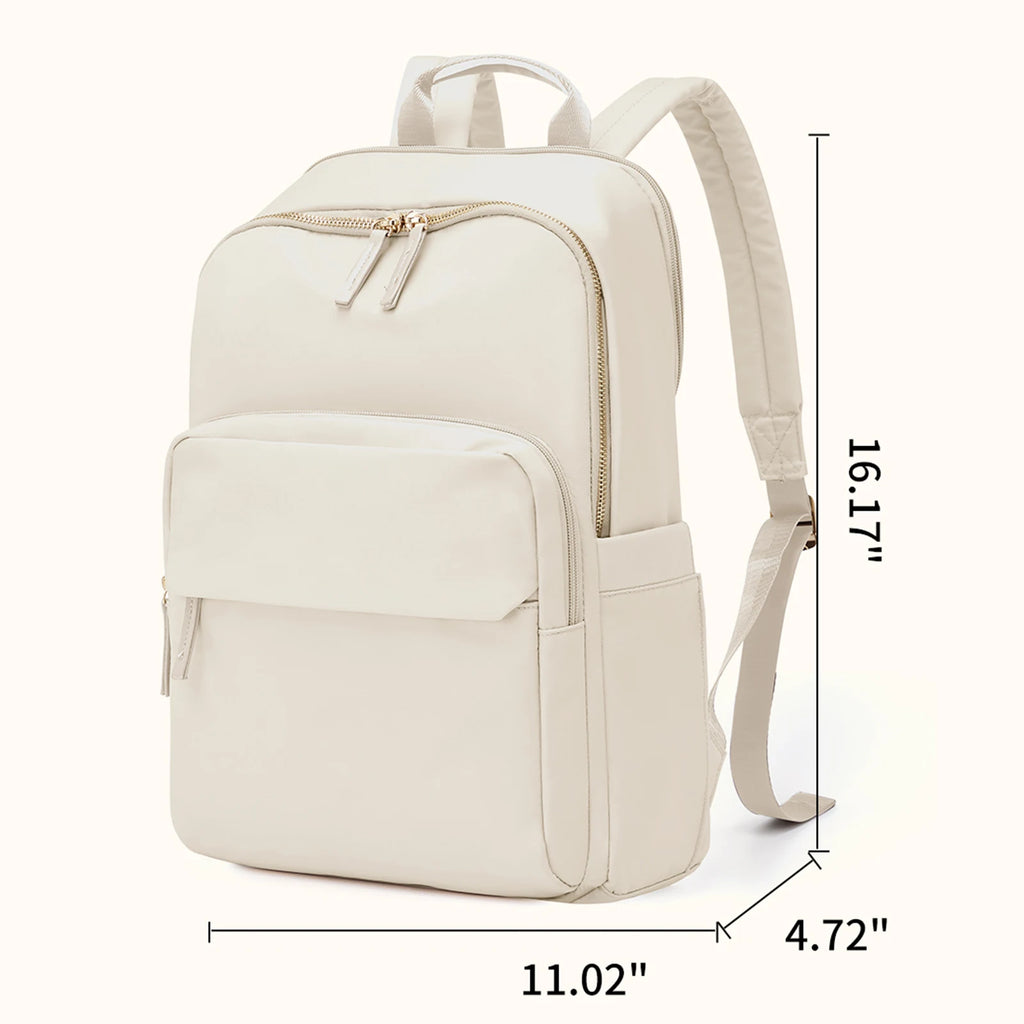 Beige backpack with dimensions indicated on a white background