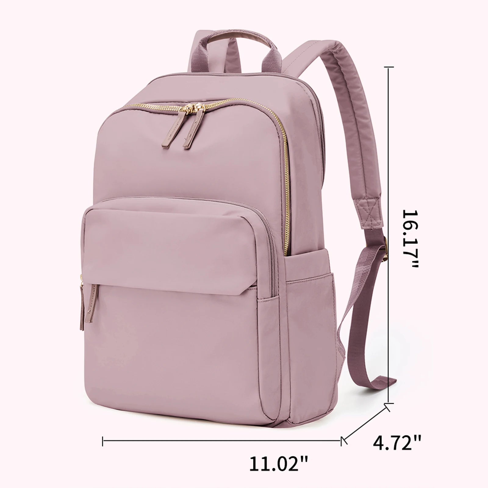 Pink backpack with dimensions indicated on a white background
