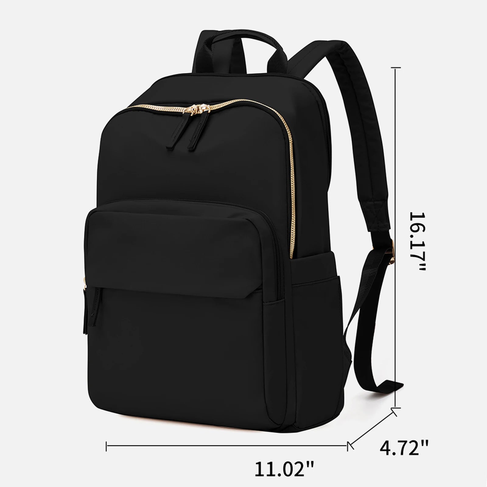Black backpack with gold zipper and measurements on a white background