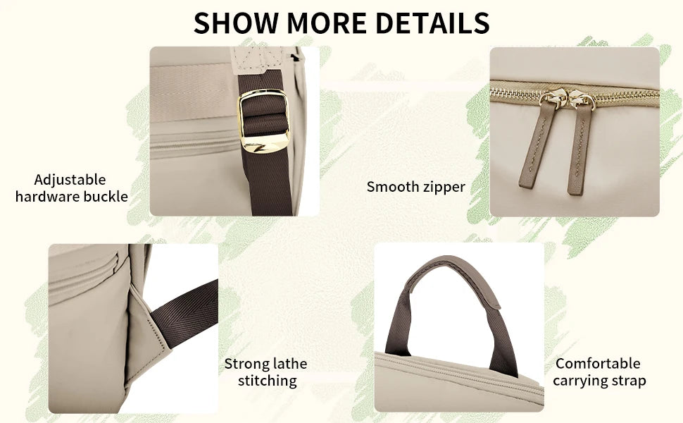 Product details of a bag with features like adjustable buckle, smooth zipper, strong lathe stitching, and comfortable carrying strap.