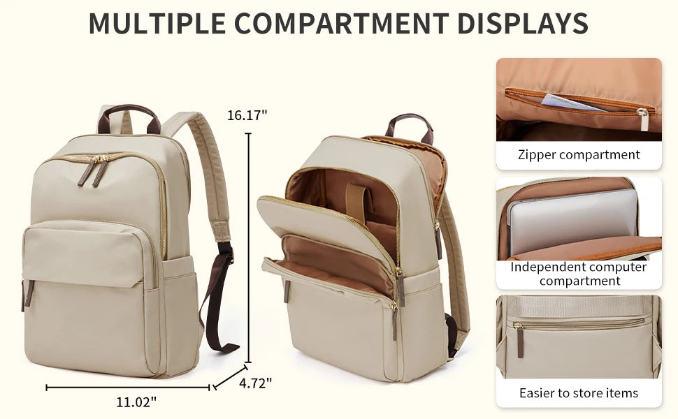 Beige backpack with multiple compartments and dimensions displayed