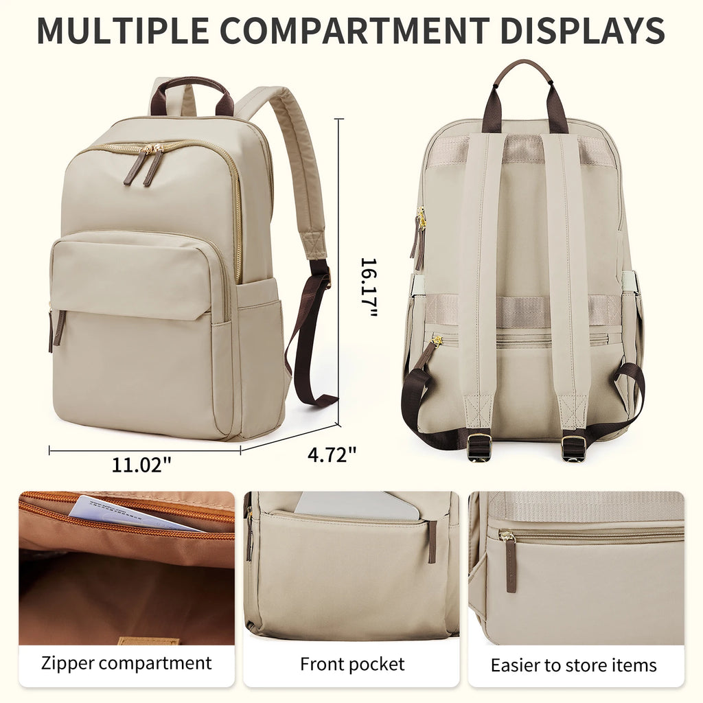Beige backpack with measurements and features on a white background
