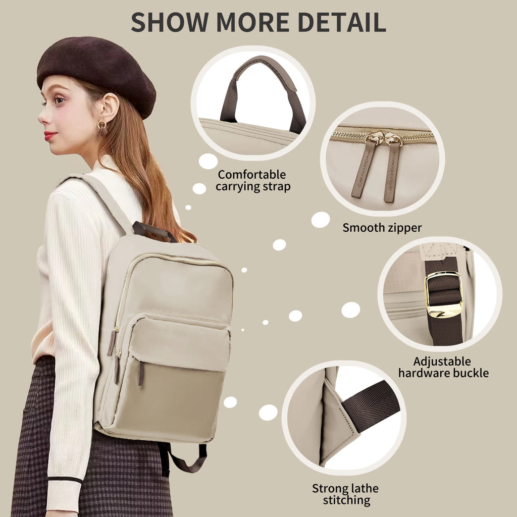 Woman wearing a beige backpack with detailed features highlighted on a beige background