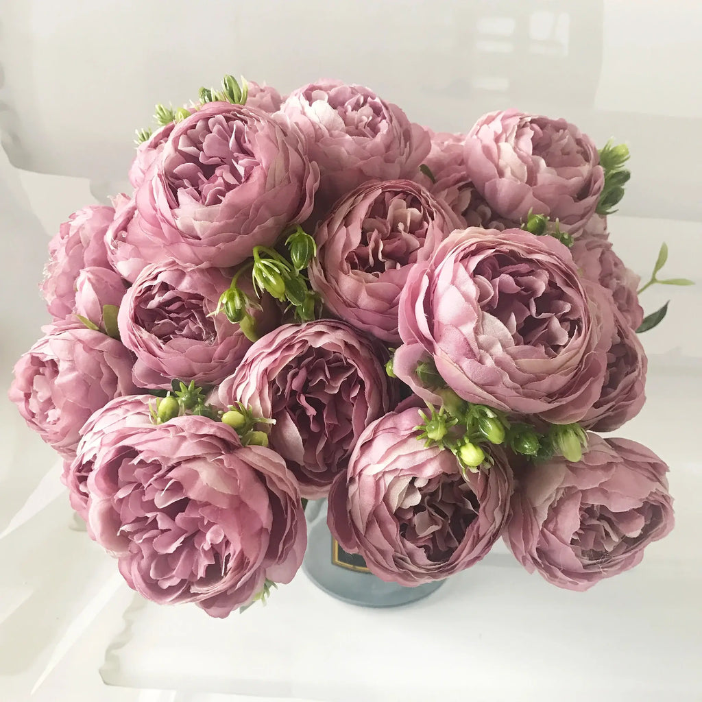 Add timeless beauty to your space with this stunning rose silk peony bouquet. Made with high-quality silk, it features 5 full peony blooms.