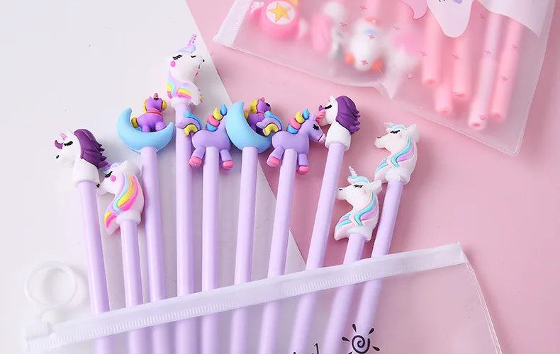 Kawaii Unicorn Gel Pens Set – 10 Pcs Random Patterns, 0.5mm Black Ink