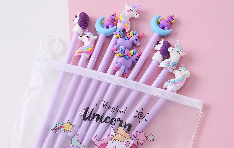 Kawaii Unicorn Gel Pens Set – 10 Pcs Random Patterns, 0.5mm Black Ink