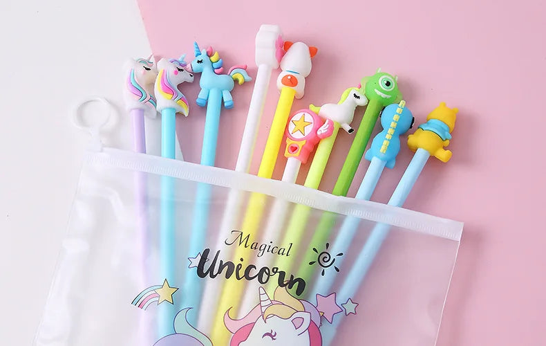 Kawaii Unicorn Gel Pens Set – 10 Pcs Random Patterns, 0.5mm Black Ink