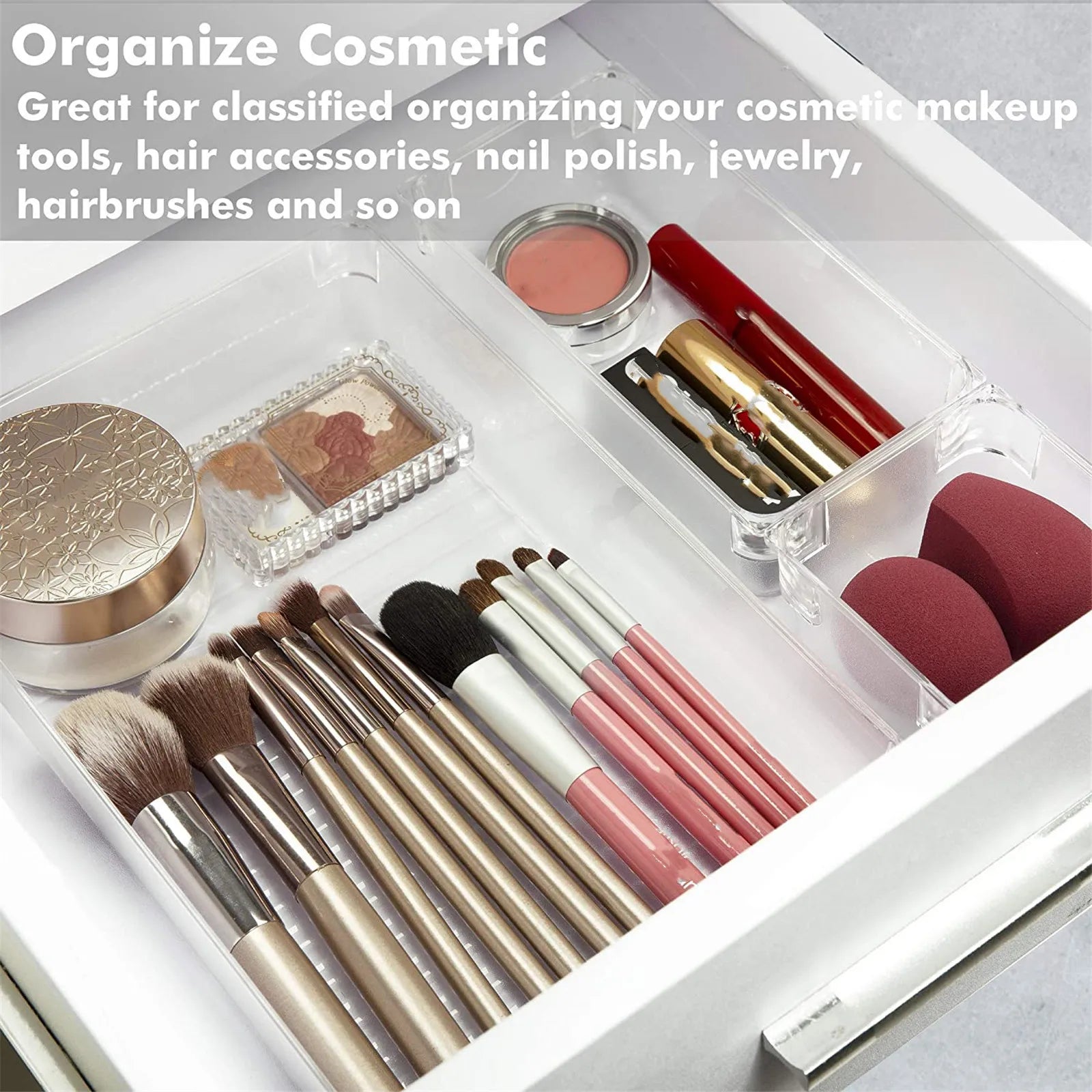 Cosmetic organizer with makeup tools, hair accessories, and nail polish.