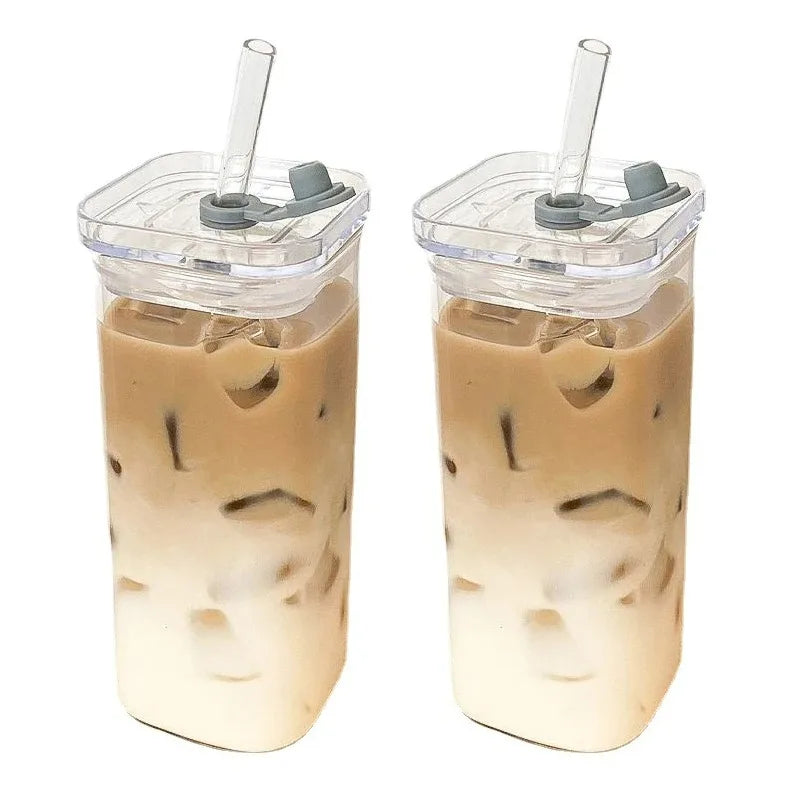 Square Heat Resistant Coffee Glass Cup With Lid and Straw