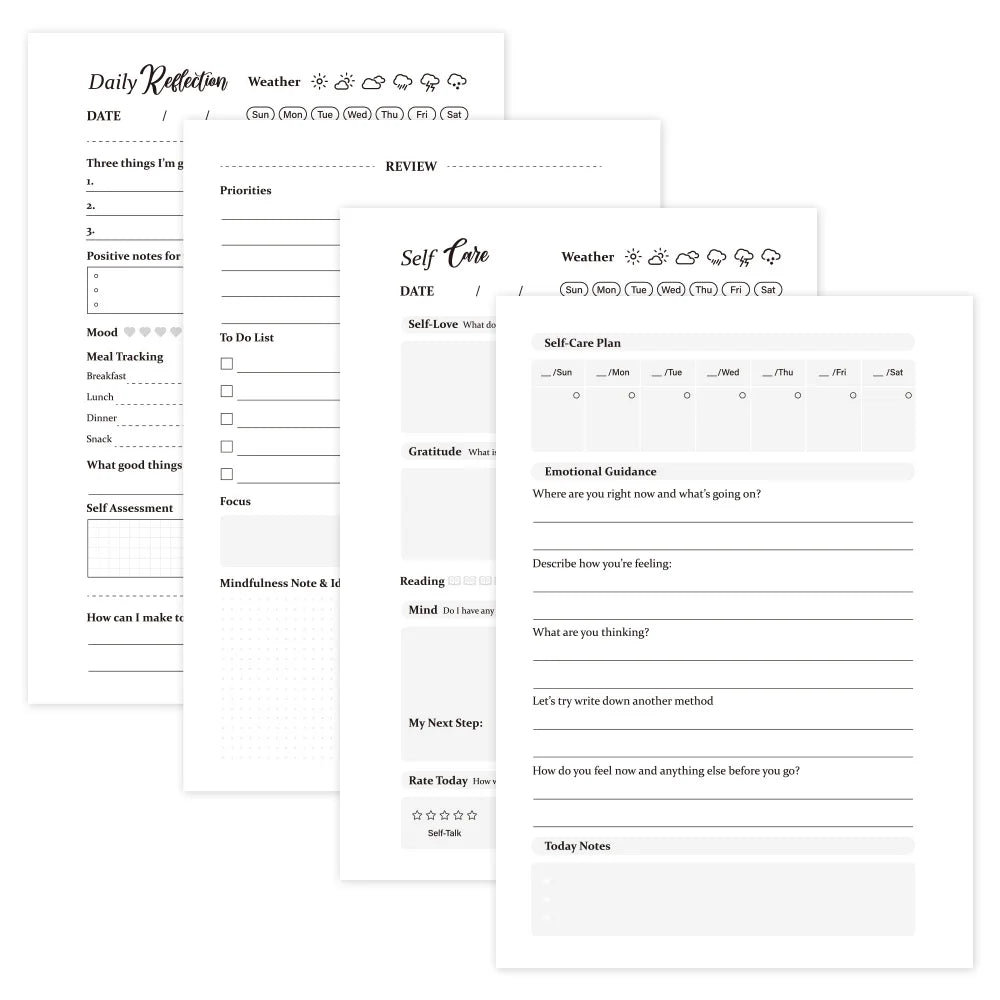 Two self-help worksheets on a white background, one titled 'Daily Reflection' and the other 'Self Care'.