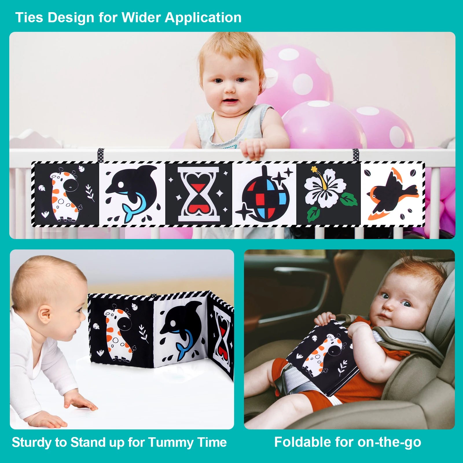Black and White Animal Patterns on Baby Sensory Cloth Book