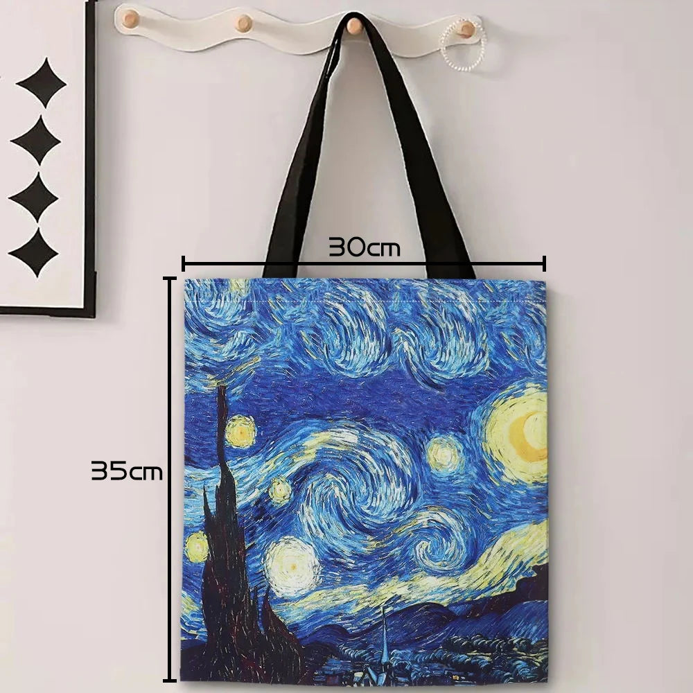 Tote bag with 'Starry Night' design and measurements on a white background