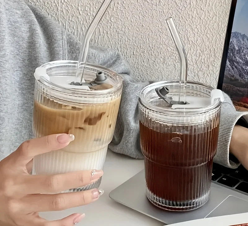 Stripe Glass Cup With Lid and Straw