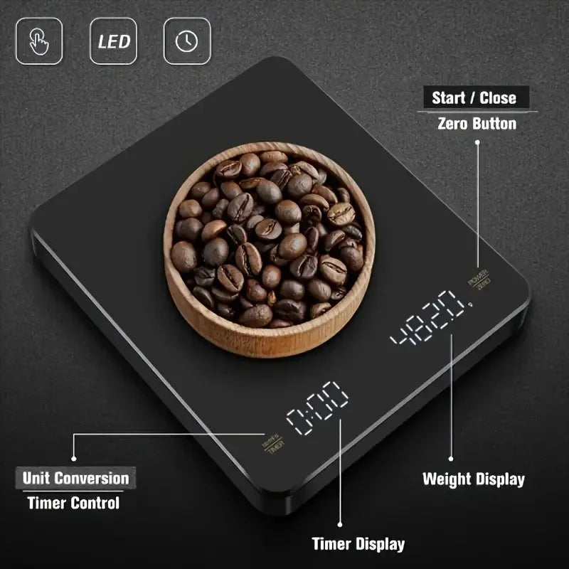 Digital kitchen scale with coffee beans on a dark background