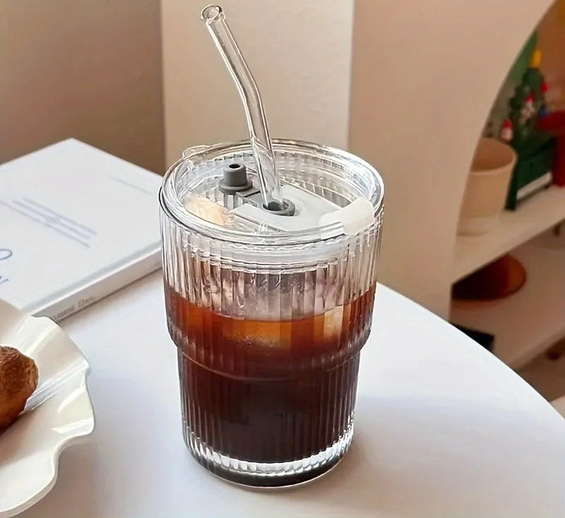 Stripe Glass Cup With Lid and Straw