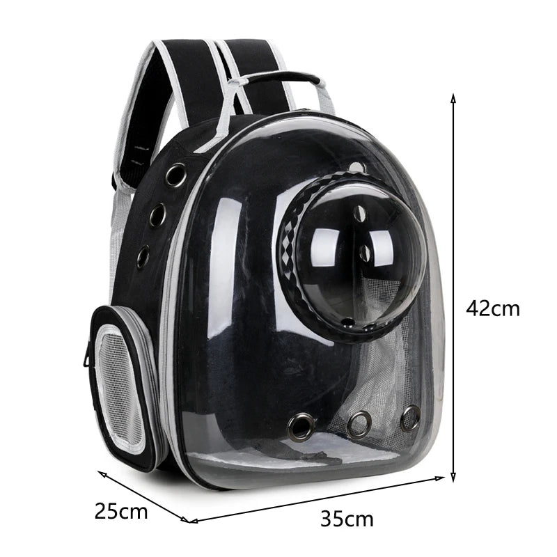 Black pet backpack with clear bubble design and measurements on a white background