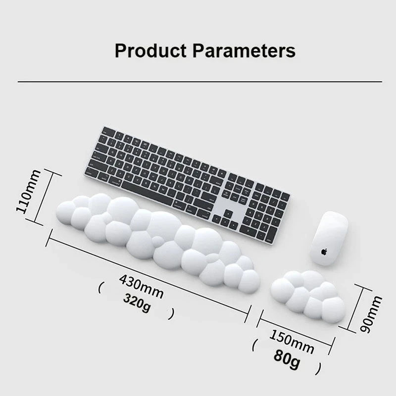 Product parameters of a keyboard, mouse, and wrist rest on a light gray background.