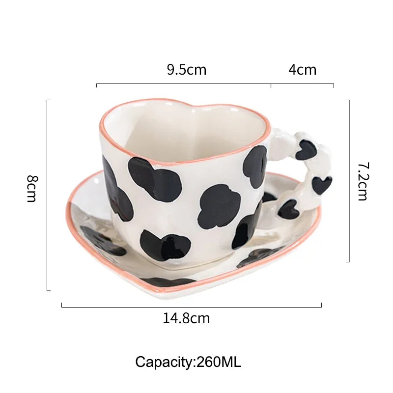 Heart-shaped mug with cow print dimensions and capacity on a white background
