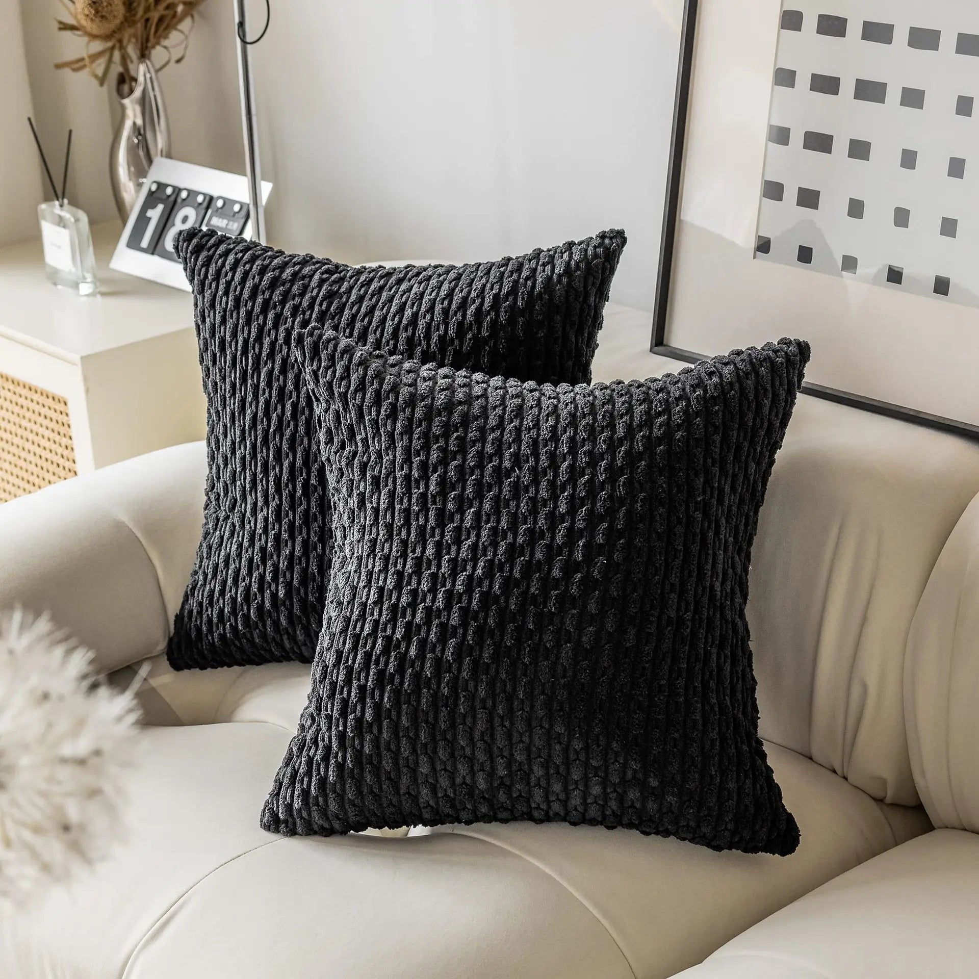 Two dark gray textured pillows on a beige sofa with a decorative plant and framed picture in the background.