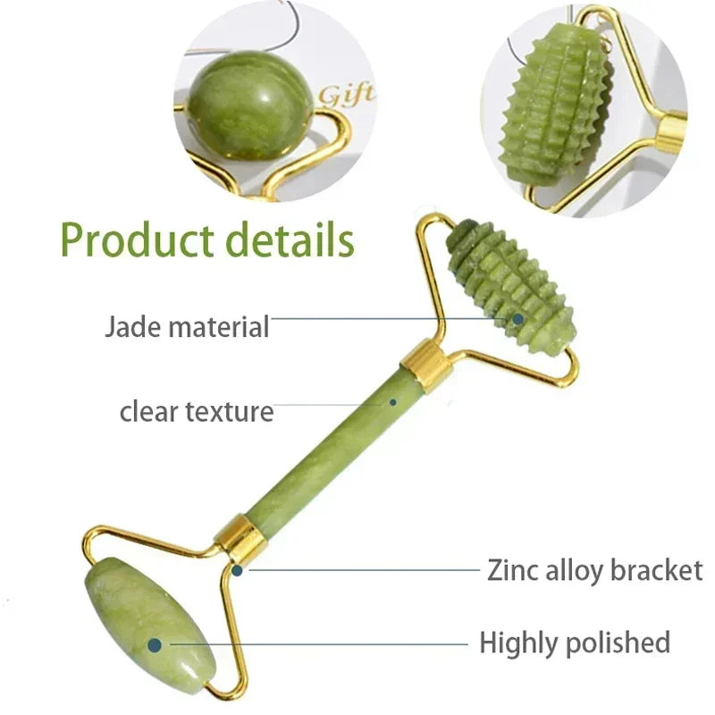 Jade roller with gold bracket and green ball, labeled with product details on a white background.