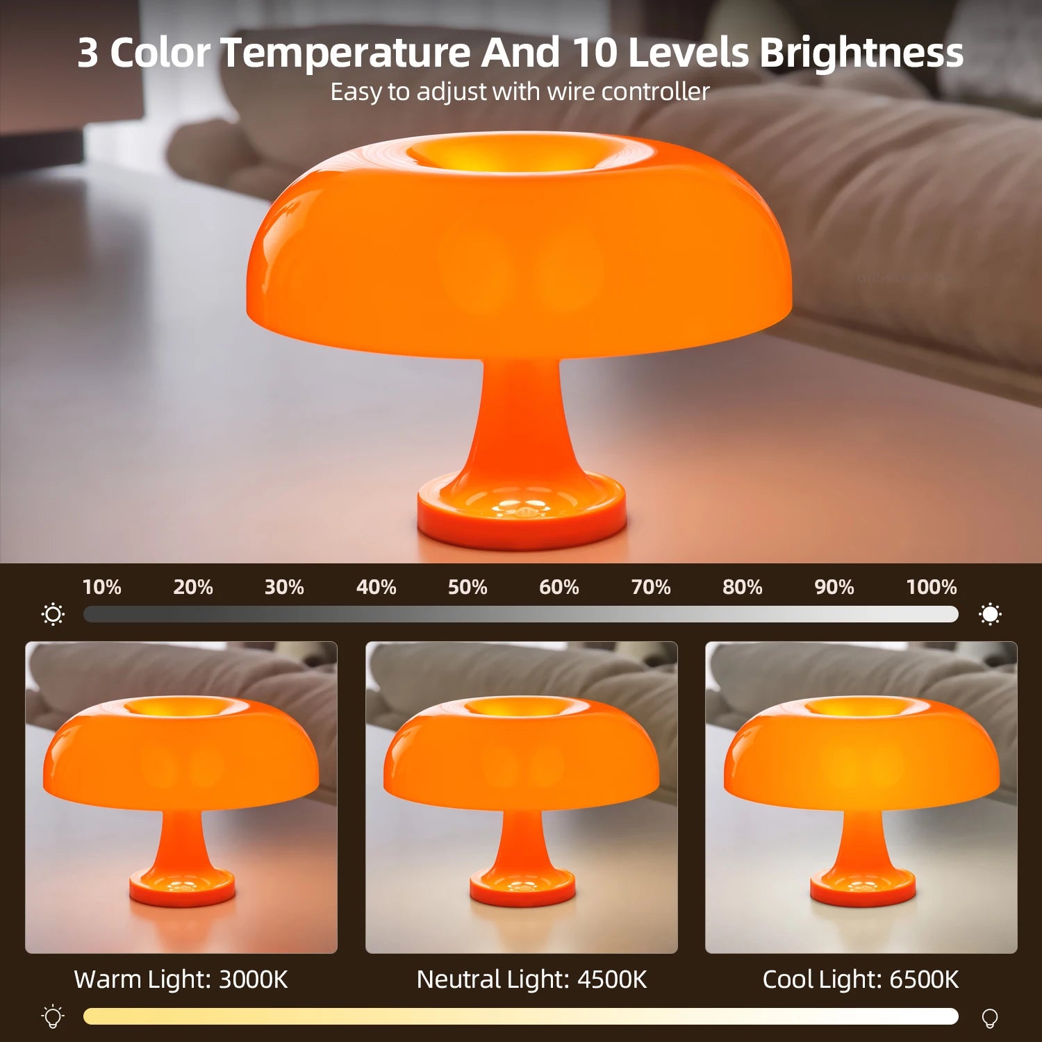 Orange table lamp with adjustable color temperature and brightness on a neutral background