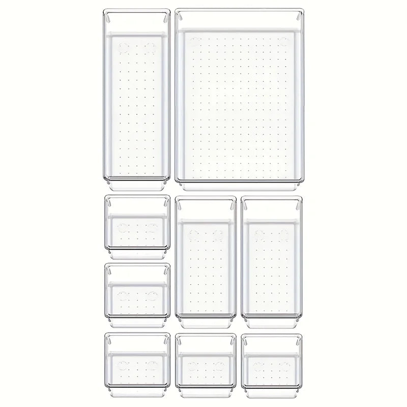 Set of clear plastic storage bins with various sizes on a white background