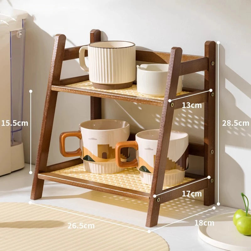 Wooden rattan shelf with ceramic cups and bowls, showing dimensions.