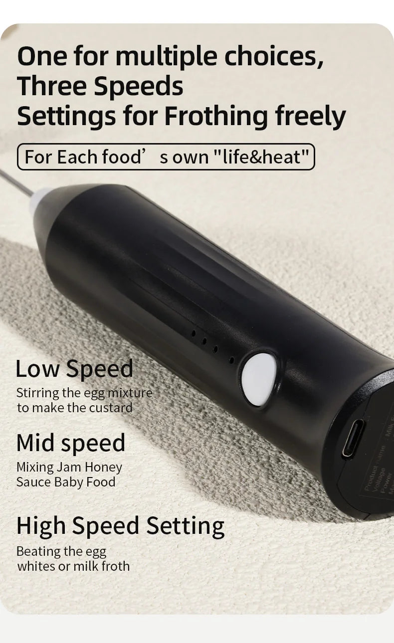 Upgraded USB Rechargeable Handheld Frother – 3-Speed Milk Whisk, Egg Beater & Mini Blender