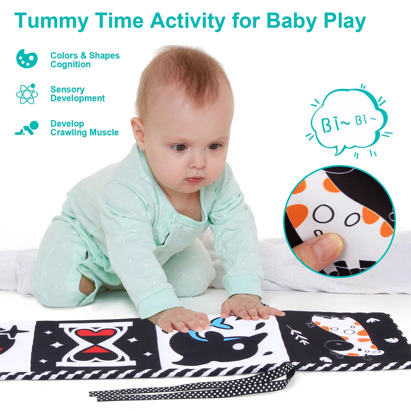 Baby Playing with Soft High Contrast Cloth Book for Tummy Time