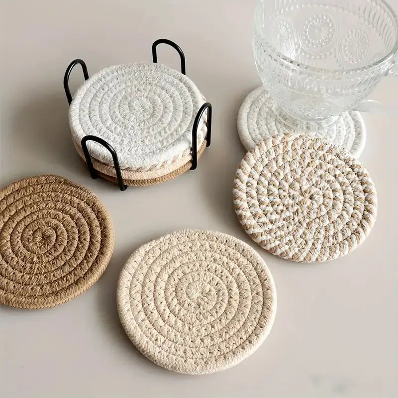 8-Piece Cotton Woven Drink Coasters – Minimalist Boho Coffee Table Decor Set