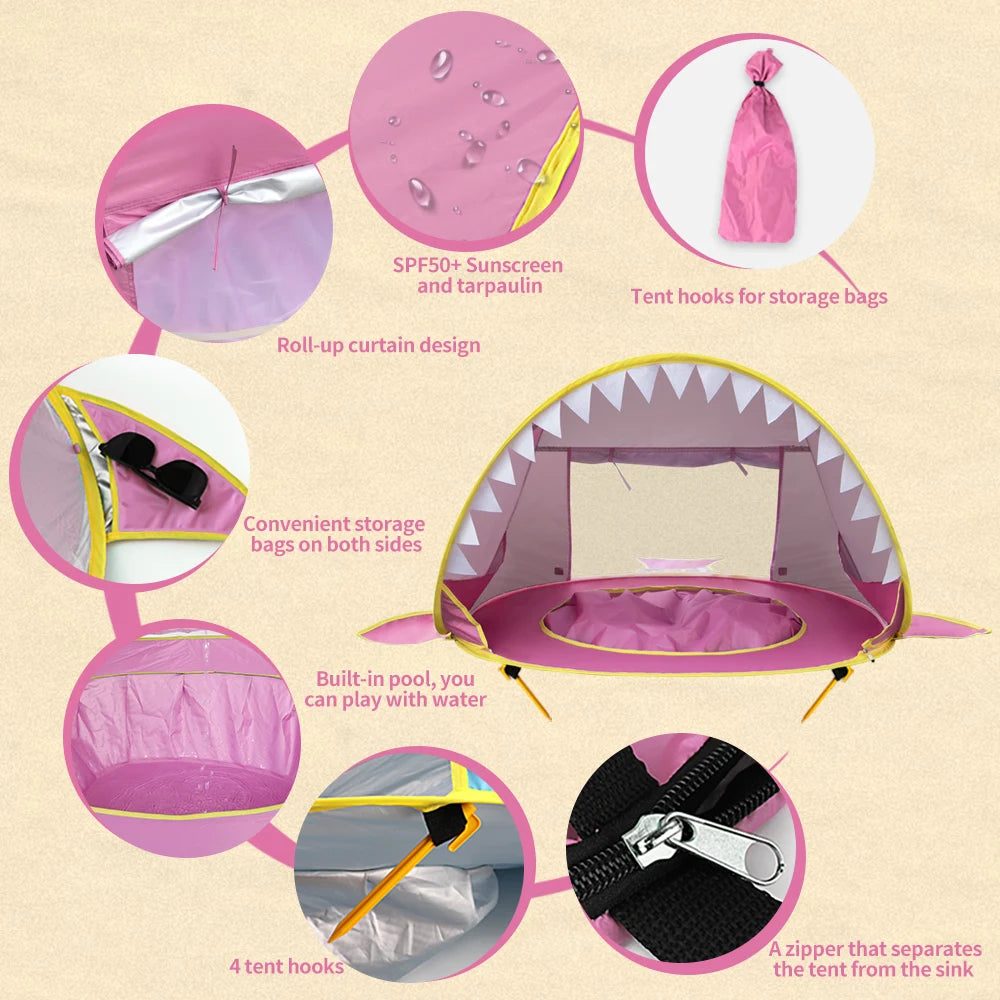 Pink children's play tent with various features highlighted on a beige background