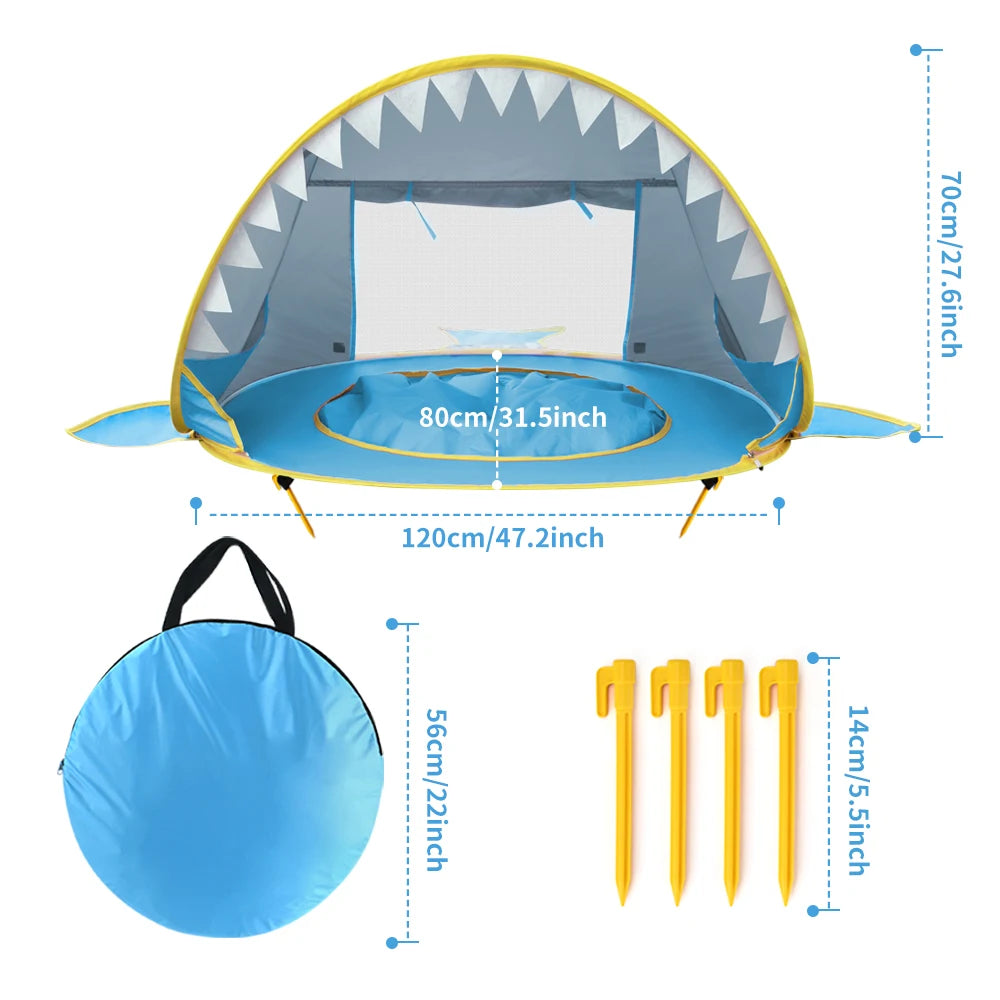 Shark-themed trampoline with dimensions and accessories on a white background