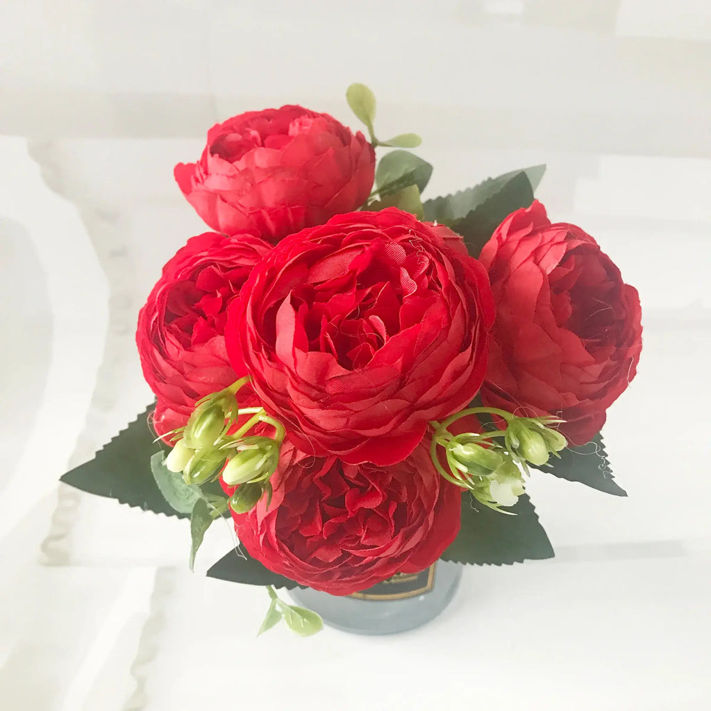 Add timeless beauty to your space with this stunning rose silk peony bouquet. Made with high-quality silk, it features 5 full peony blooms.