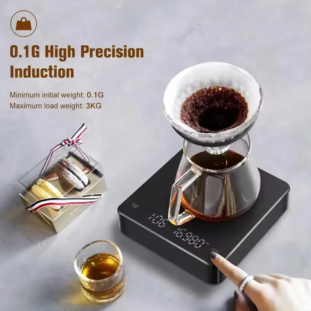 Digital kitchen scale with coffee setup on a light gray background