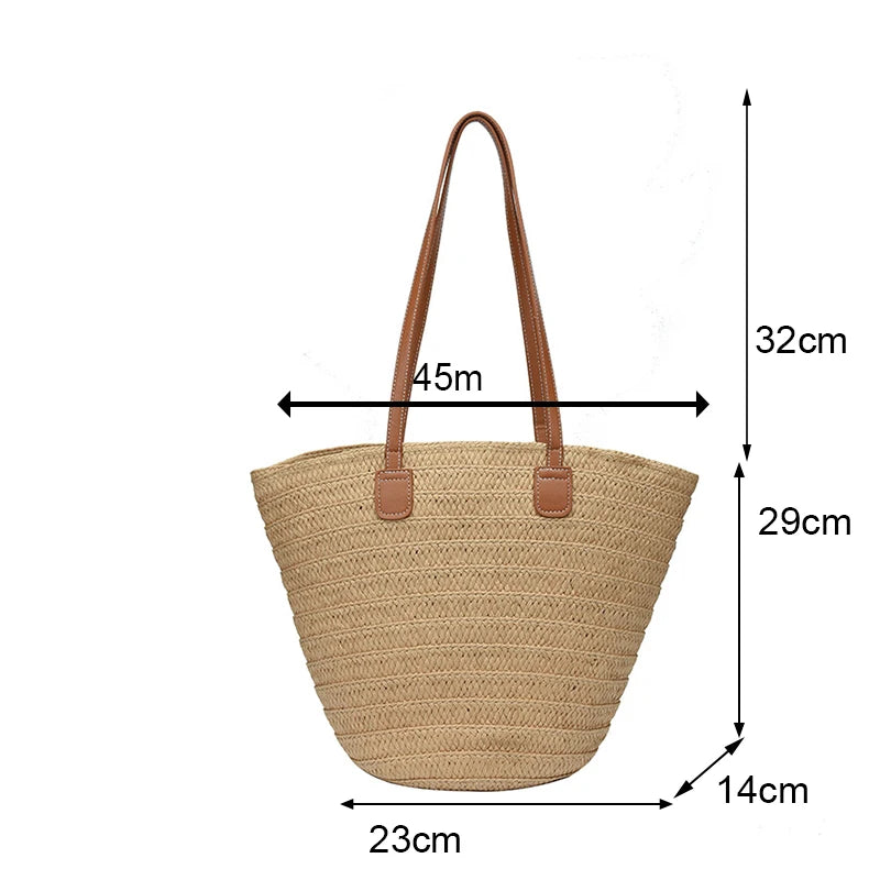 Beige straw tote bag with brown handles and dimensions labeled on a white background