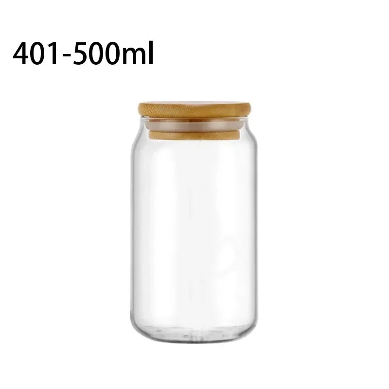 Clear glass jar with a wooden lid on a white background, labeled 401-500ml.