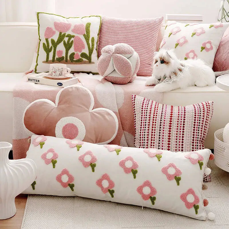 Pink Embroidered Decorative Cushion Cover – Floral Design