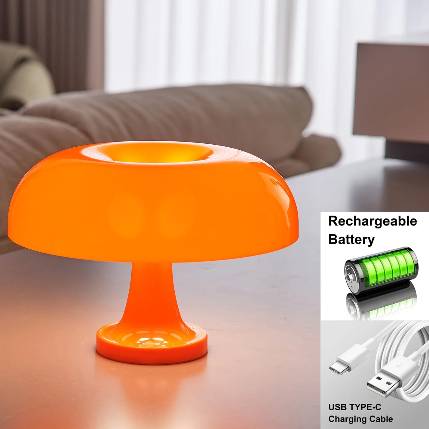 Orange table lamp on a surface with a blurred living room background