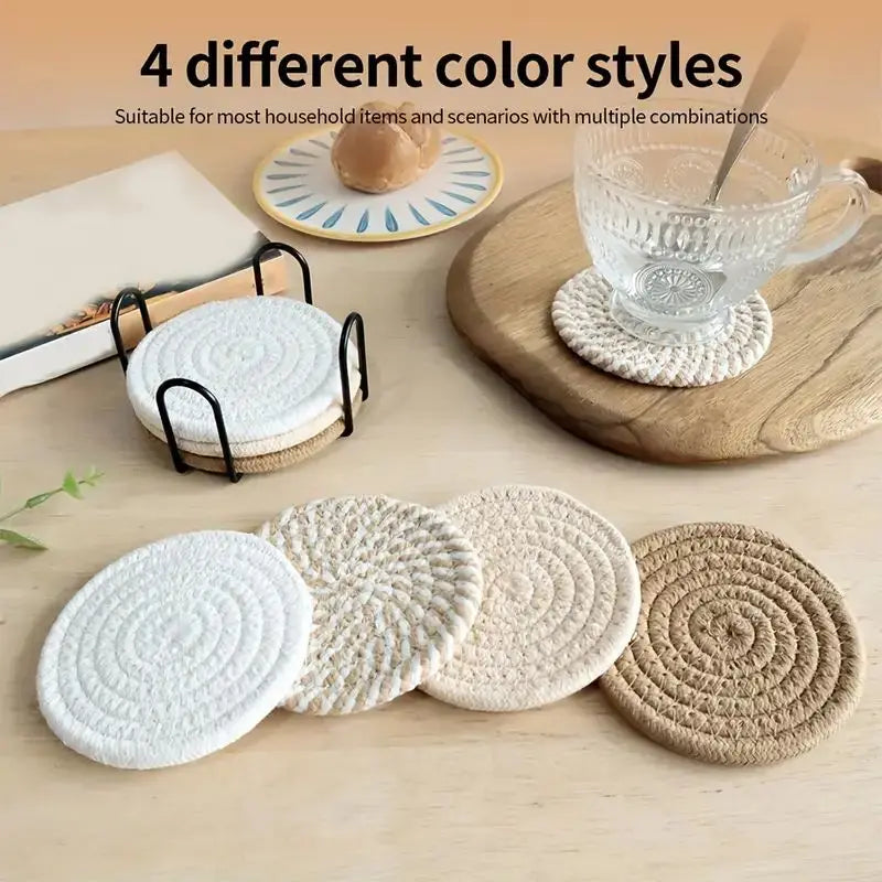 8-Piece Cotton Woven Drink Coasters – Minimalist Boho Coffee Table Decor Set