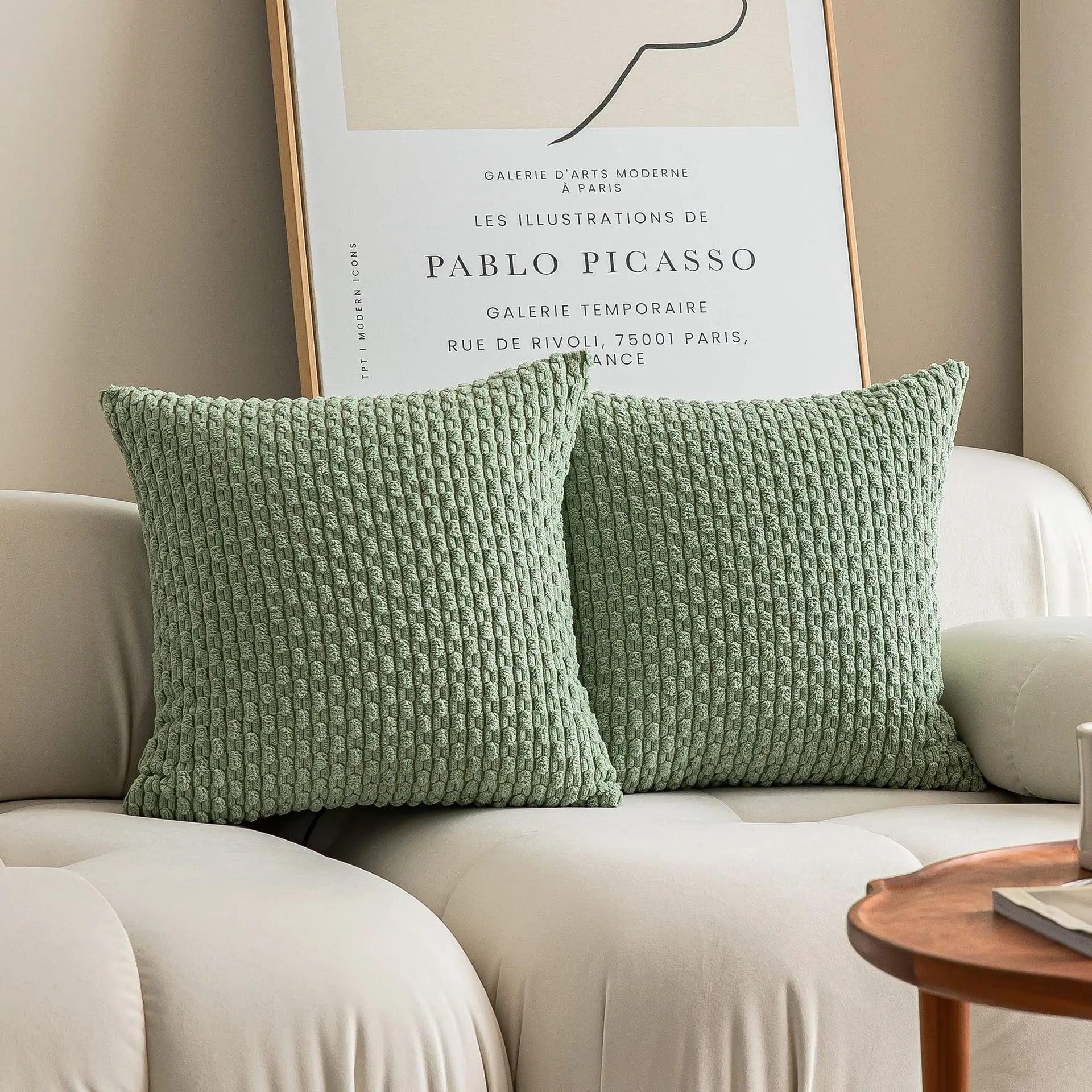 Two green textured pillows on a beige sofa with a framed Picasso poster in the background.