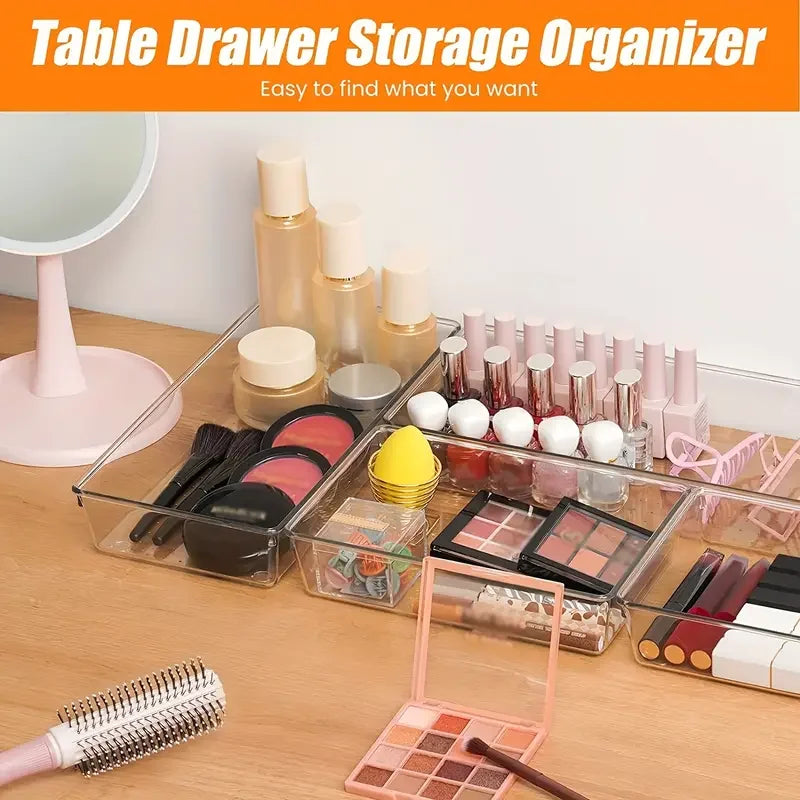 Table drawer storage organizer with makeup items on a wooden surface