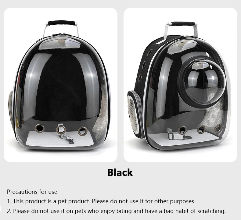 Black pet carrier with transparent front panel on a white background