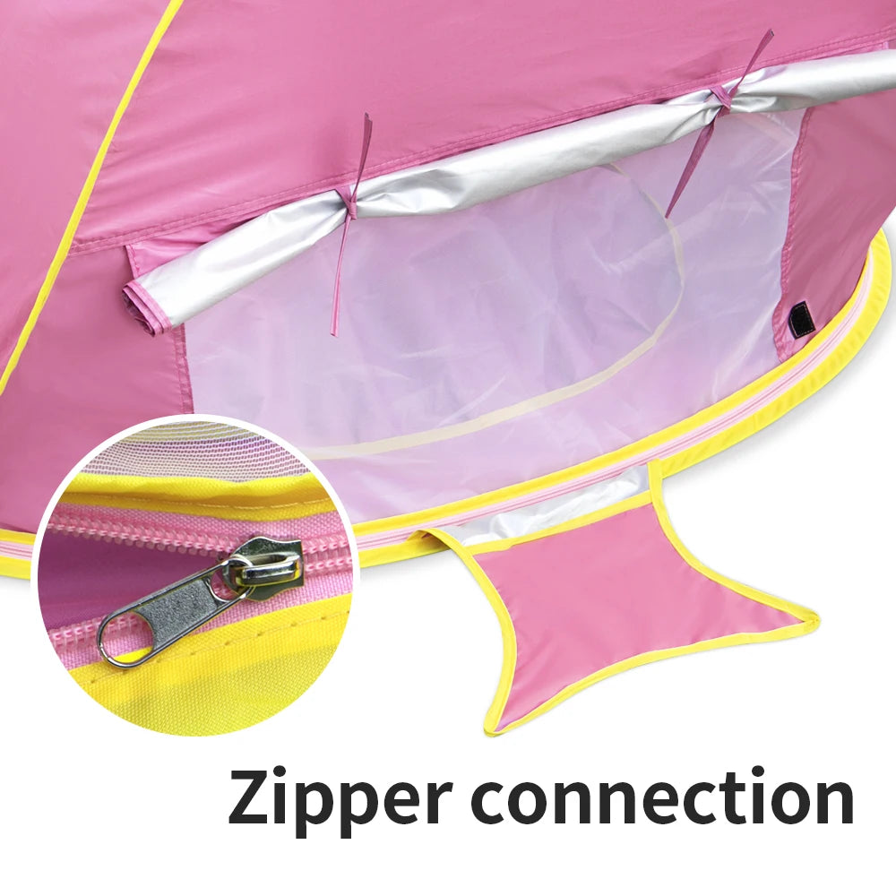 Pink and yellow tent with zipper connection detail