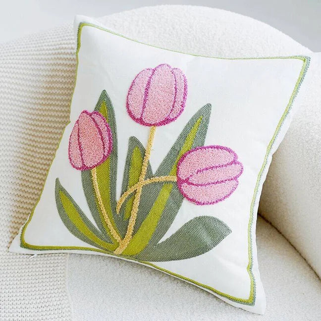 Pink Embroidered Decorative Cushion Cover – Floral Design